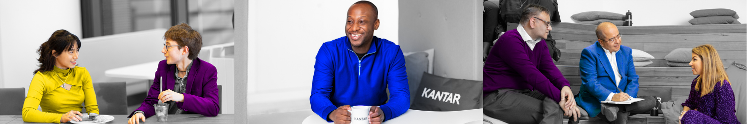 Three photographs that have a black and white background but people in colour,  forming a banner. The first picture is of  a young woman and a young man having lunch together. The second is of a young man having a cup of coffee. The third image is a group of three people talking together while sat in a co-working space. 